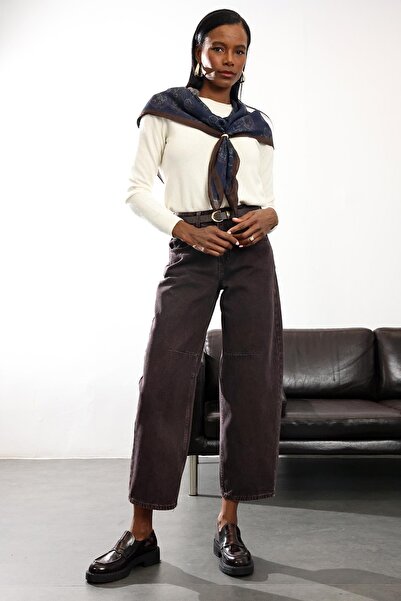 5in1Canpolat Yıkamalı Kahve Yüksek Bel Baggy Jean 8007