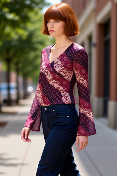 PayBuy Women's Ethnic Patterned V-Neck Spanish Sleeve Stretchy Knitted Blouse Quality Stylish Comfortable Modern Elegant Casual