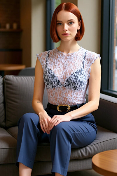 PayBuy Bluză cu detaliu din dantelă pentru femei guler rotund Colecția de vară Zarifane Design