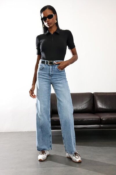 5in1Canpolat Πλενόμενο Μπλε ελαστικό ύφασμα φαρδύ μπατζάκι Jean