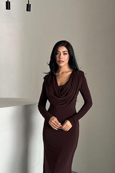 CİDDE Women's Degaje Collar Sandy Fabric Maxi Dress