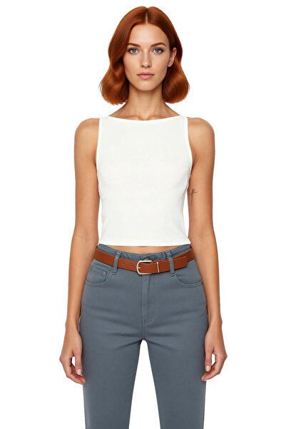 PayBuy Women's Boat Neck Fitted Crop Blouse Viscose Ribbed Woven Type Thin Straps Suitable for Daily Use