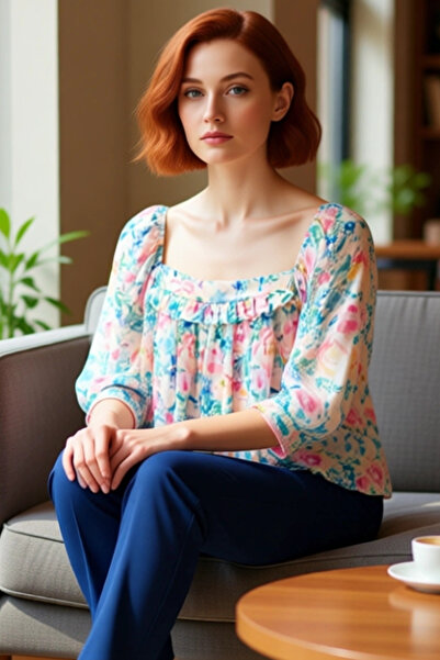 PayBuy Women Floral Print Square Neck Balloon Sleeve Chiffon Blouse Quality Stylish Comfortable Modern Elegant Daily