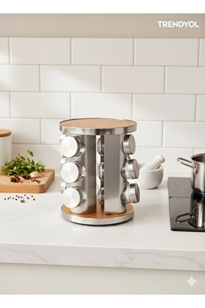 AENLINE HOME Döner Ahşap Detaylı Baharatlık Seti – 12’li Cam Kavanozlu 360° A...