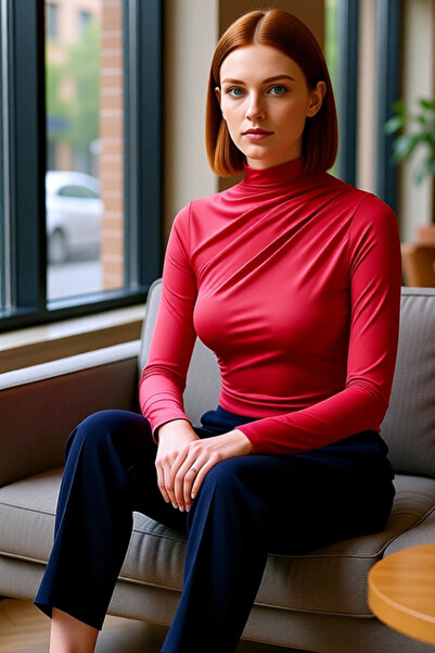 PayBuy Women's Brown Gathered Mock Neck Crop Cut Long Sleeve Smart Basic Knitted Blouse for Winter Use