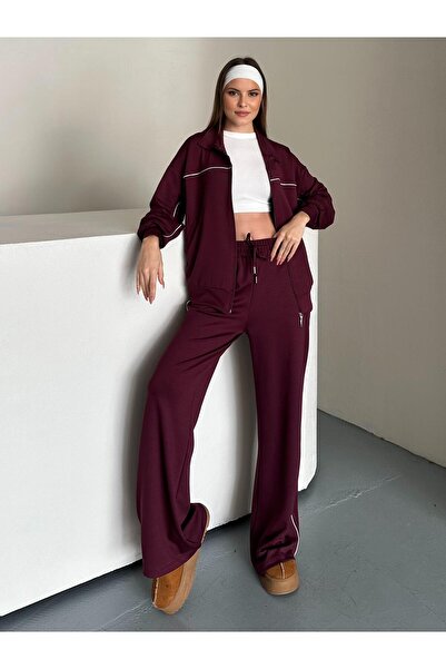 FERZOLAİO طقم رياضي مخطط باللون الأحمر الداكن مكون من قطعتين