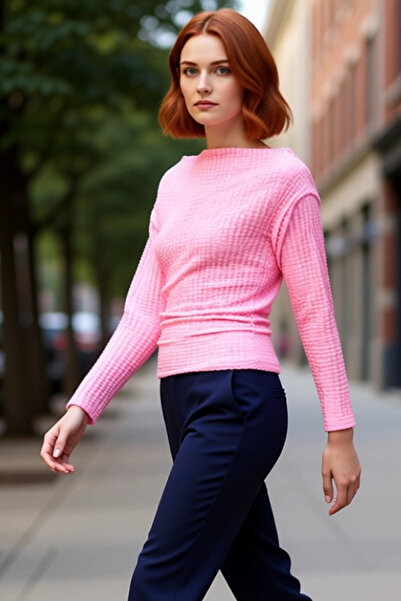 PayBuy Women's Seersucker Textured Boat Neck Drawstring Long Sleeve Knitted Quality Stylish Comfortable Modern Elegant Casual