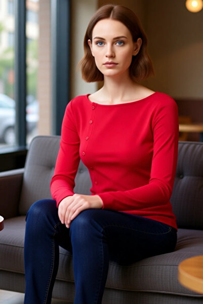 PayBuy Women's Buttoned Crew Neck Fitted Corded Fabric Stretchy Knitted Long Sleeve Quality Stylish Comfortable