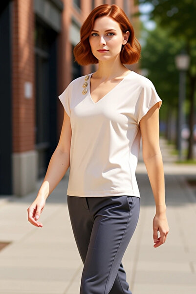 PayBuy Bluză obișnuită cu decolteu în V, cu mâneci în formă de mână, din material subțire cu nasturi, vară, calitate premium, material eminent