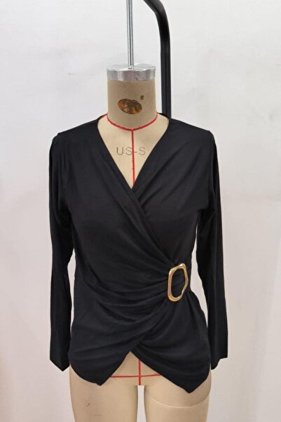 Mossta Double-Breasted Viscose Blouse with Collar Buckle Detail - Black