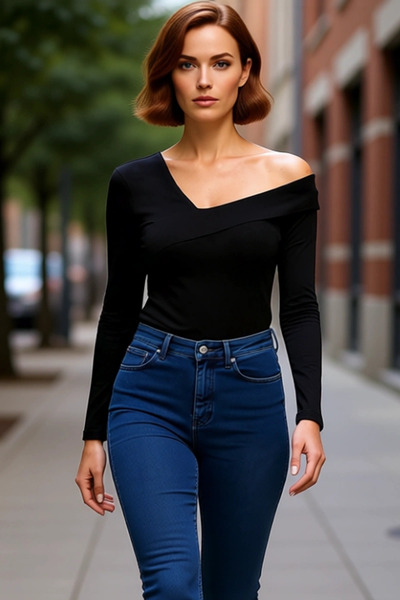 PayBuy بلوزة نسائية بياقة غير متماثلة وأكمام طويلة، محبوكة، ذات جودة عالية، أ...