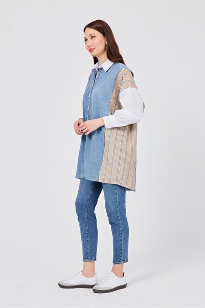 SEE MORE Stripe Poplin Detail Cotton-Jeans Shirt