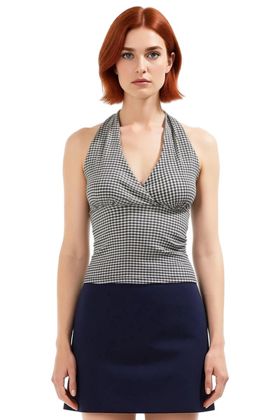 PayBuy Checkered Halter Neck Fitted Knitted Blouse Casual Style Carefully Selected Long Lasting