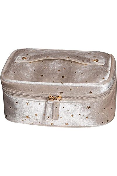 Arabest Velvet Cosmetic Bag,Large Capacity Portable Makeup Bag,Classical European-style,Khaki Star Pattern f