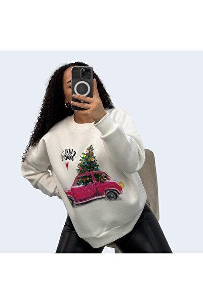 ANATOLIATEKSTILE Oversized Sweatshirt with Christmas Print "Let It Snow" - Pink Car and Tree Pattern