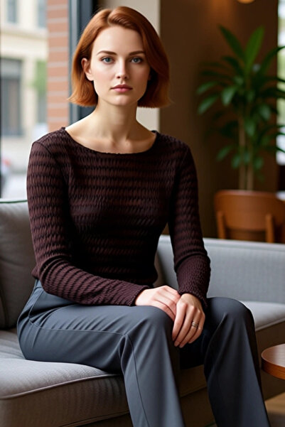 PayBuy Women's Burgundy Textured Seersucker Stretchy Knitted Blouse Crew Neck Long Sleeve Casual Daily Winter Comfortable Top