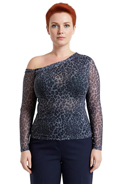 PayBuy Women's Tulle Lined Leopard Print Asymmetrical Neckline Long Sleeve Knitted Blouse for Casual Daily Wear