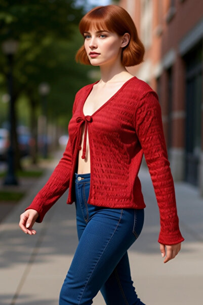 PayBuy Women's Textured V-Neck Lace-Up Long Sleeve Stretchy Knitted Quality Stylish Comfortable Modern Elegant Casual