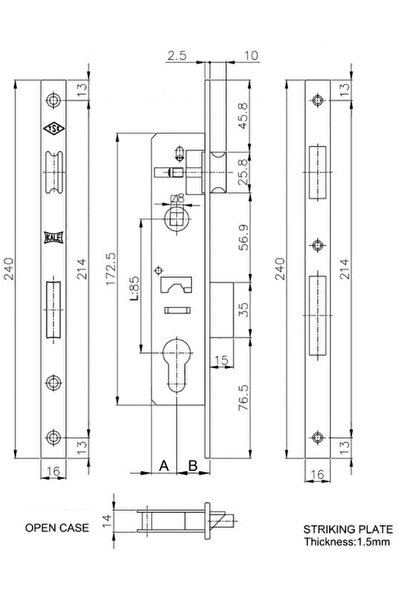 Kale Kilit Mortise lock with tongue 153P-20 Kale Kilit, PVC joinery, backset 20 mm, interax 85 mm