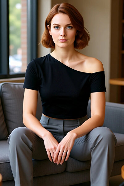 PayBuy Women Asymmetrical Neckline Short Sleeve Cotton Knitted Crop Quality Stylish Comfortable Modern Elegant Casual