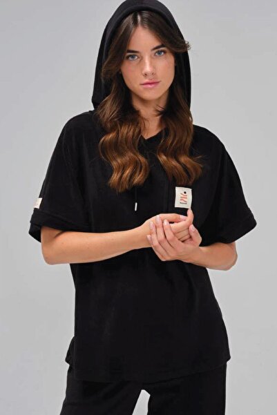 Zeyland Women's Short Sleeve Hooded Black Color Fleece Tracksuit Suit C5T2N1