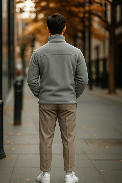 COMBİNE MİCHAİL فليس رمادي فاخر للرجال مع تفاصيل جيب