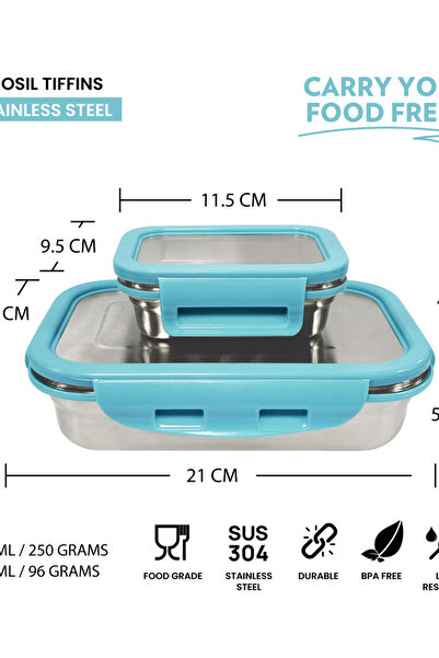 Borosil 2-Piece Stainless Steel Rectangular Lunch Box Set 800ml and 200ml -Blue