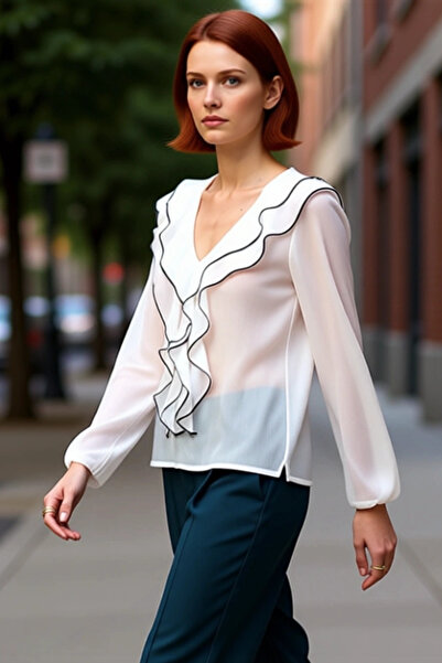 PayBuy Women's V-Neck Balloon Sleeve Detailed Chiffon Blouse Quality Stylish Comfortable Modern Elegant Daily