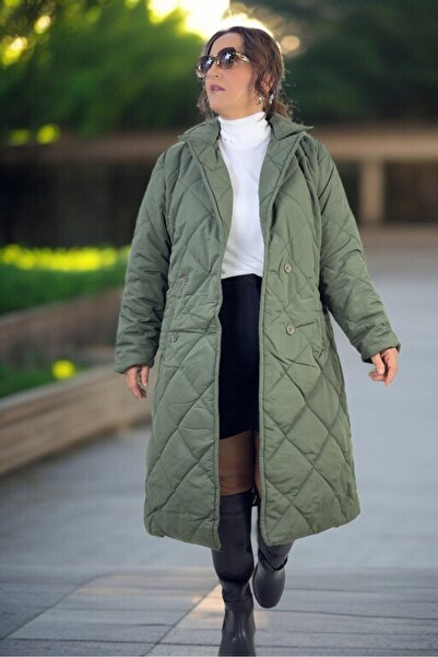 yagmurberen Belted Lining Double-Breasted Closing Large Size Quilted Long Coat