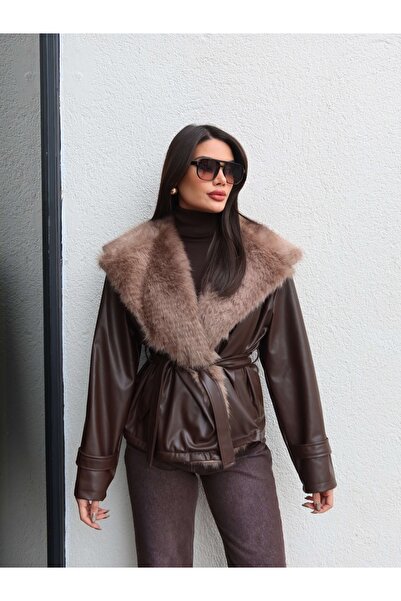 ESRAHELVACI Δερμάτινο μπουφάν με γούνινο γιακά και ζώνη