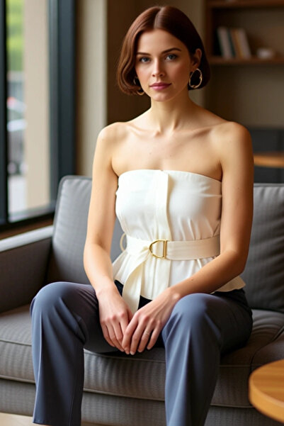 PayBuy Strapless Fitted Gabardine Blouse Belt Detailed Summer Casual Stylish Appearance Durable Material