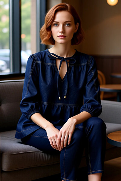 PayBuy Γυναικεία βαμβακερή τζιν μπλούζα με κορδόνια στο λαιμό και λεπτομέρεια με μπαλόνι μανίκια Ποιοτική κομψή άνετη μοντέρνα κομψή