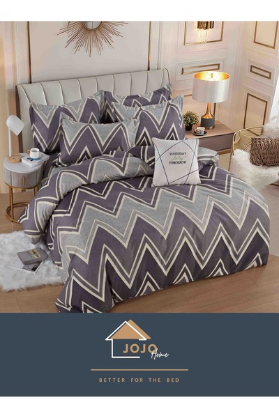 JOJO HOME Bed linen set, fine cotton, with elastic, 6 pieces, 180x200cm, Zig-Zag