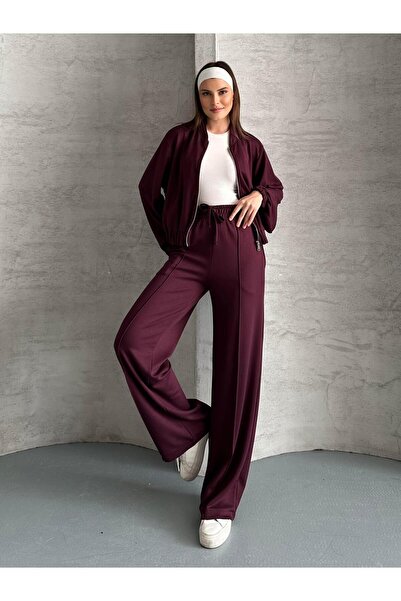 FERZOLAİO Essential Zippered Burgundy Tracksuit Set