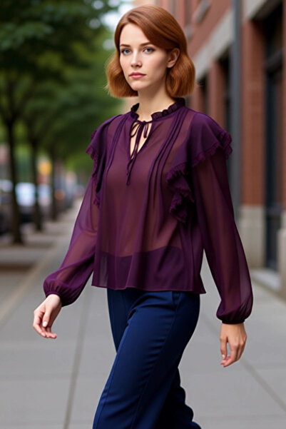 PayBuy بلوزة نسائية من الشيفون شفافة مع تفاصيل دانتيل منسوجة وأكمام بالون وياقة برباط ذات جودة عالية وأنيقة ومريحة