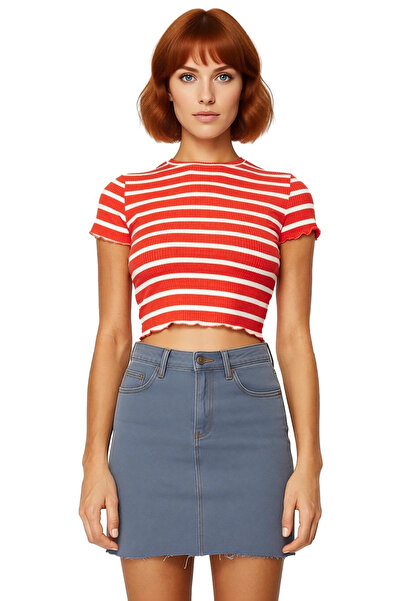 PayBuy Striped Fitted Crop Short Sleeve Knitted Blouse Casual Daily Style Zarifane Design Premium Quality