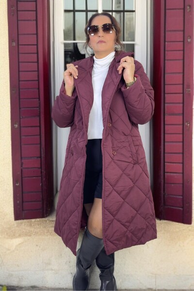 yagmurberen Belted Lining Double-Breasted Closing Large Size Quilted Long Coat