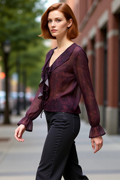 PayBuy Γυναικεία μπλούζα από σιφόν με σχέδιο με λαιμόκοψη σε σχήμα V με λεπτομέρεια με κορδόνια μακρυμάνικη ποιοτική κομψή άνετη μοντέρνα κομψή