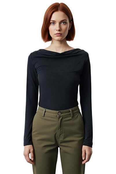 PayBuy Women's Regular Fit Modal Fabric Degaje Collar Draped Asymmetric Cut Long Sleeve Blouse Spring