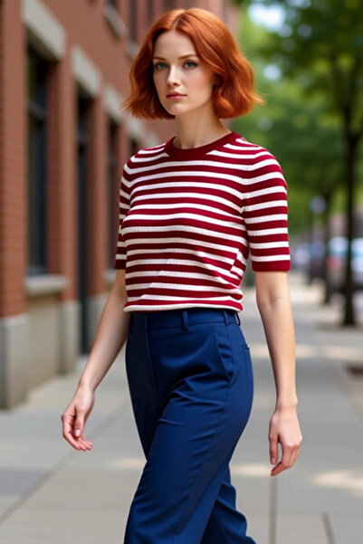 PayBuy Women's Pink Dark Pink Striped Crew Neck Short Sleeve Knitwear Top Slim Fit Regular Length Cool &