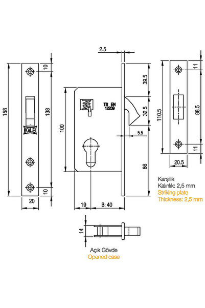 Kale Kilit 201-40 wide mortise lock for gates/sliding doors, backset 40 mm, length 100 mm