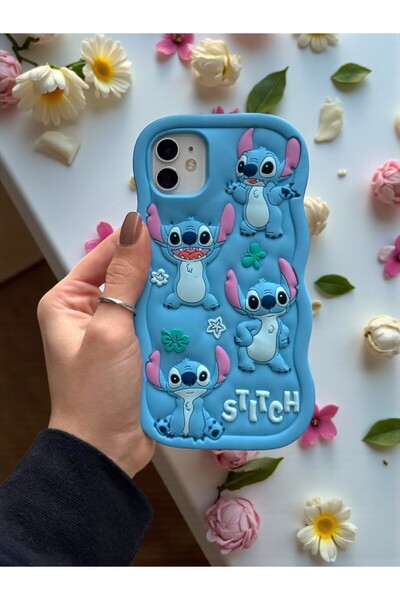 KVK PRİVACY iPhone 11 Uyumlu Stitch Desenli Kabartmalı Sevimli Silikon Kılıf