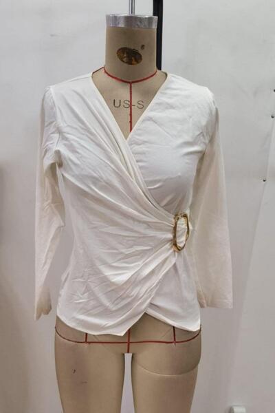 Mossta Double-Breasted Viscose Blouse with Collar Buckle Detail - White