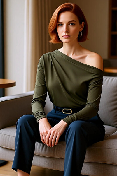 PayBuy Women's Asymmetrical Neckline Flowy Stretchy Knitted Blouse Stylish and Comfortable Design for Everyday Wear