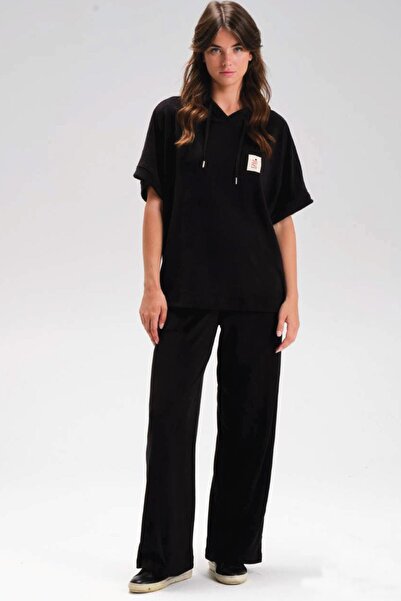 Zeyland Γυναικείο κοντομάνικο με κουκούλα μαύρο χρώμα φλις αθλητικό σετ C5T2N1