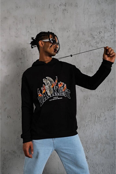 MODA Bărbați supradimensionat cu glugă Swea tricou – Culoare neagră, bumbac c...