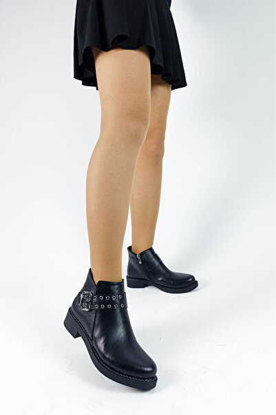 GDT Ayakkabı Siyah Renk Fermuarlı Cilt Deri Kemer Aksesuarlı Kadın Bot