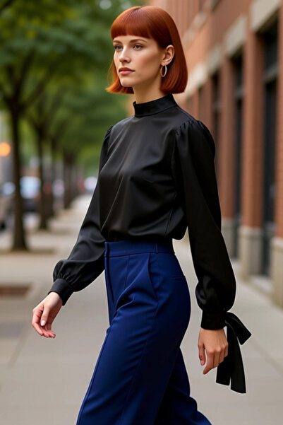 PayBuy بلوزة ساتان ياقة مرتفعة متوسطة الطول بتفاصيل ربط أنيقة ملابس نسائية ذا...