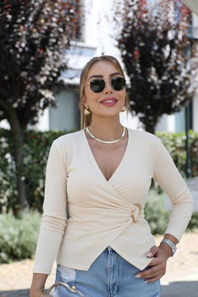 Mossta Double-Breasted Viscose Blouse with Collar Buckle Detail - White