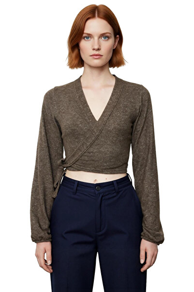 PayBuy Women's Beige Soft Woven V-Neck Spanish Sleeve Crop Blouse with Tie Detail for Daily Use Quality